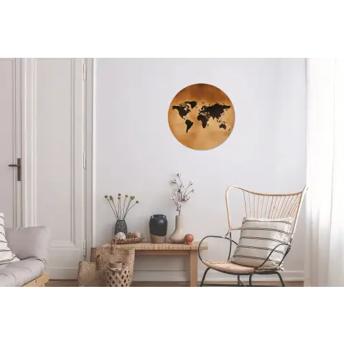 Wereldkaart - Bruin - Kaart Wandcirkel aluminium klein -woonkamer