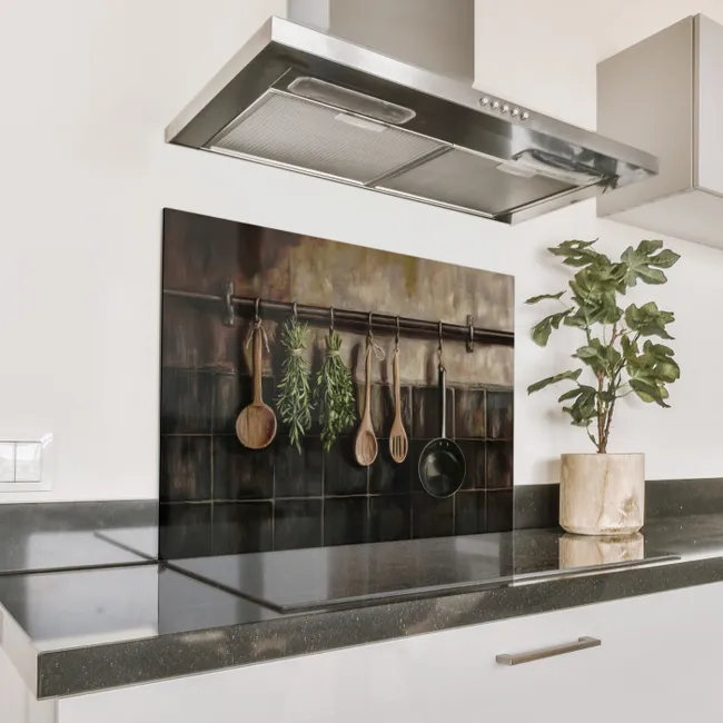 Spritzschutz Küche - Küchengeräte - Rustikal - Kacheln - Gewürze