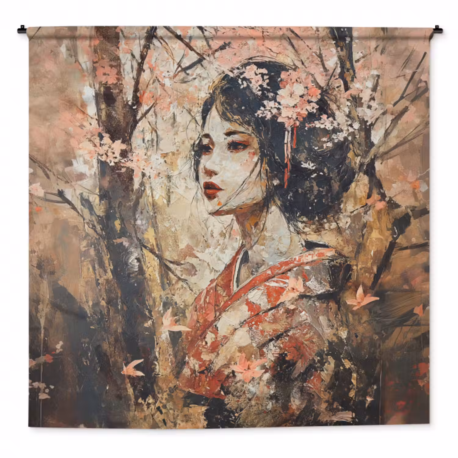 Wandteppich - Kimono - Frau - Kirschbäume