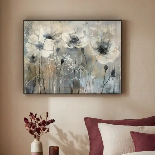 Bloemen - Planten - Grijs - Abstract Textielframe zwart klein -sfeer1