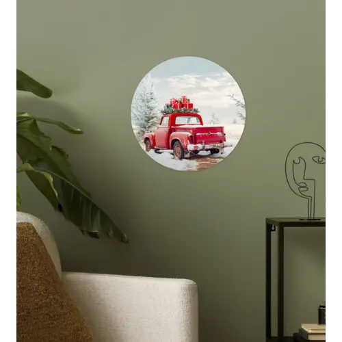 Auto - Rood - Cadeaus - Winter - Sneeuw - Kerst Wandcirkel behangsticker klein -sfeer2