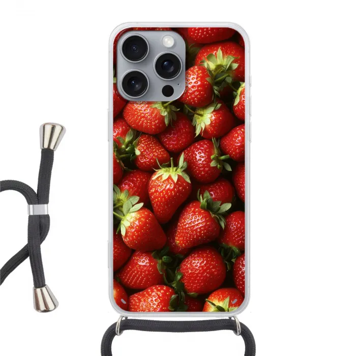Aardbei - Fruit - Rood Hoesje iPhone 16 Pro Max met koord klein -3d