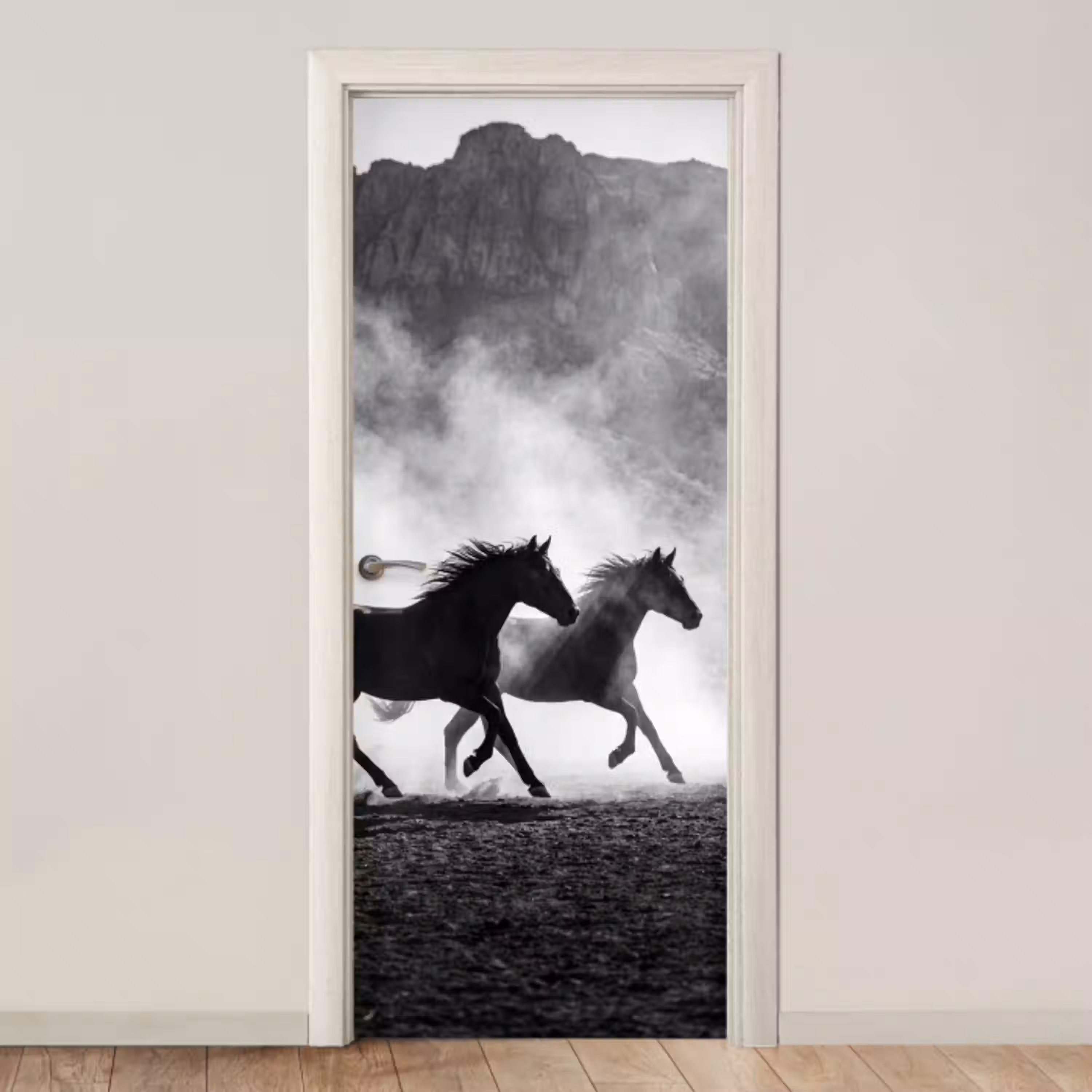 Paard - Ren - Stof - Zwart-wit - Dieren deurposter klein -3d_beige