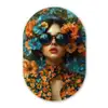 Vrouw - Bloemen - Oranje - Blauw - Modern Wandcirkel Ovaal Glas middel -3d