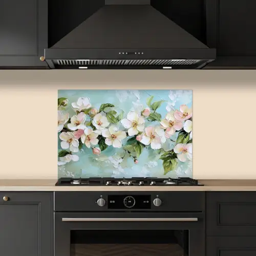Bloesem - Bladeren - Lichtblauw keuken achterwand spatscherm klein -sfeer1