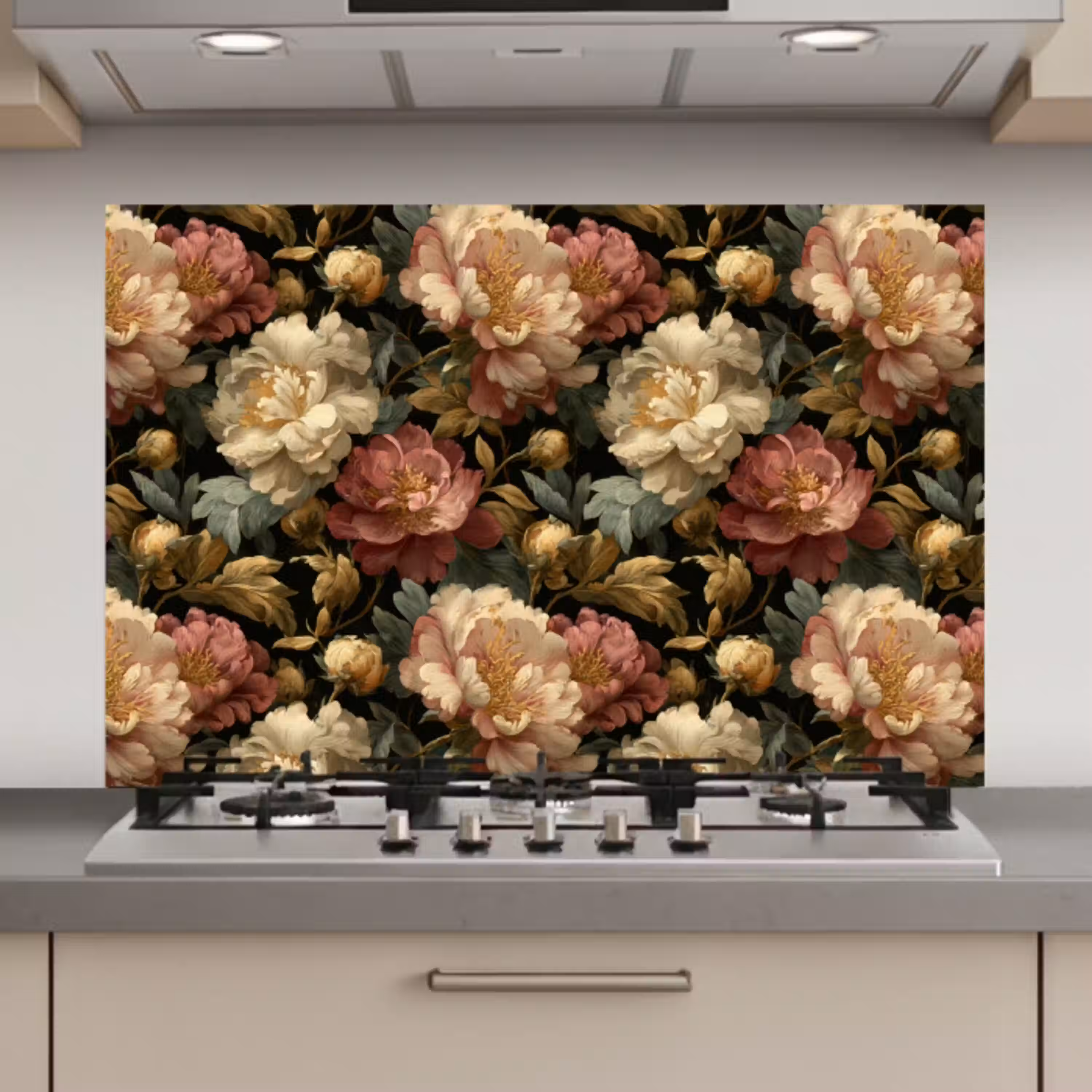 Bloemen - Barok - Patroon - Roze - Crème keuken achterwand spatscherm klein 900 -3d_website