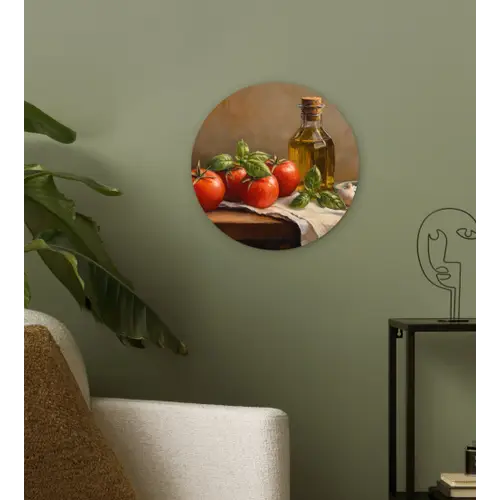 Tomaten - Olijfolie - Stilleven Wandcirkel kunststof plaat 5mm dik klein -sfeer3
