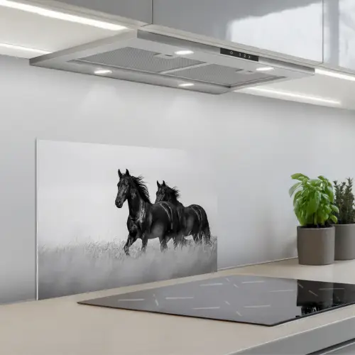 Paarden - Gras - Zwart - Wit keuken achterwand spatscherm klein -3d_schuin