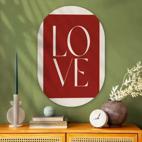 Love - Rood - Minimalistisch Wandcirkel Ovaal Glas middel -sfeer2
