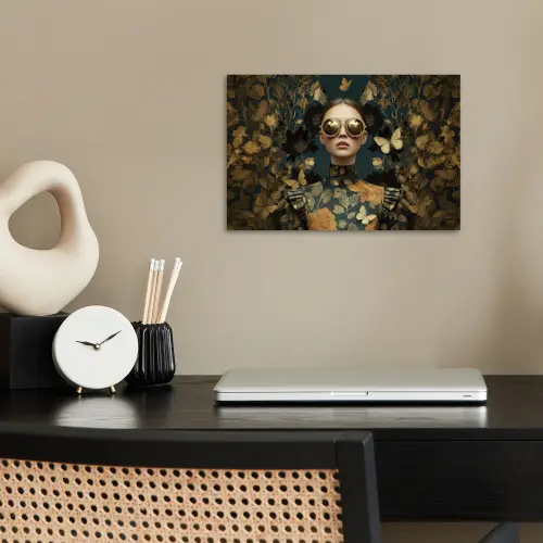 Vrouw - Bladeren - Goud - Vlinders poster papier klein -sfeer1
