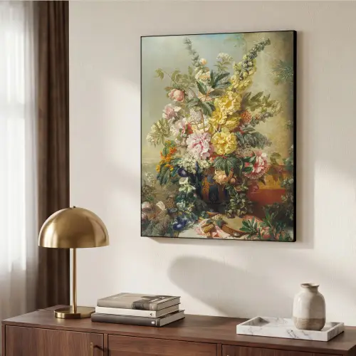 Grote vaas met bloemen - Josep Mirabent - Oude meesters Textielframe zwart klein -sfeer3