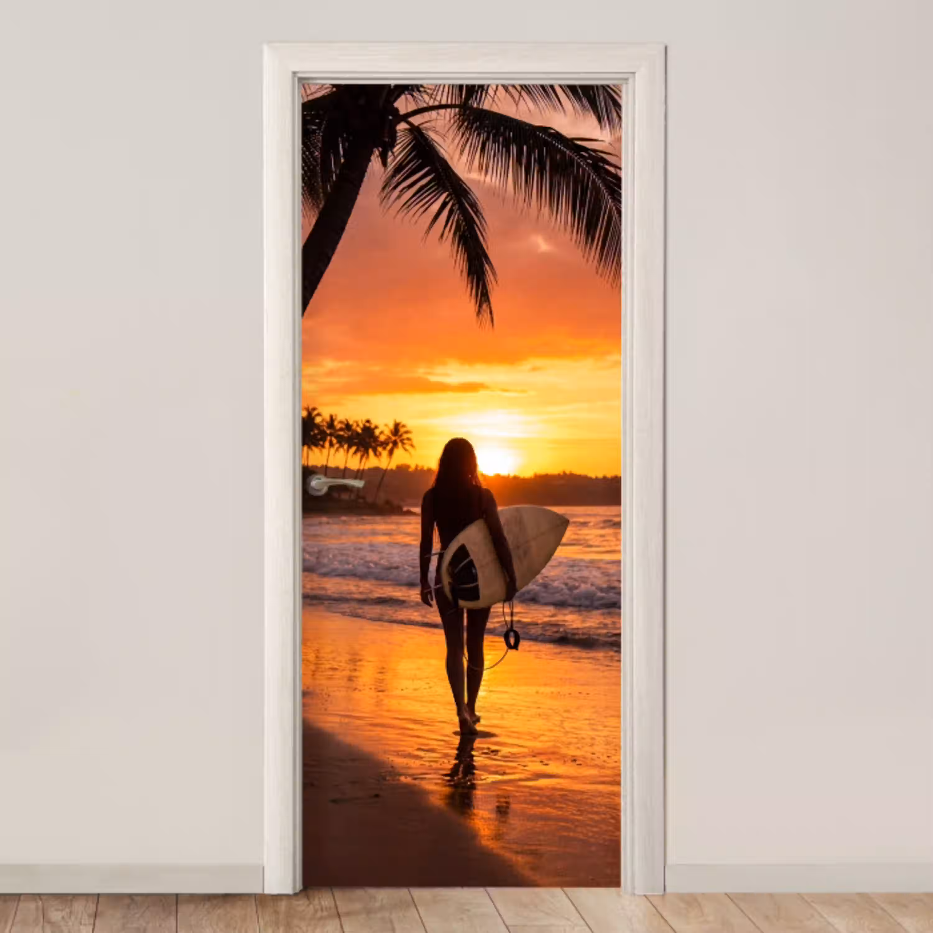 Vrouw - Surfplank - Strand - Zonsondergang - Oranje deurposter klein -3d_beige
