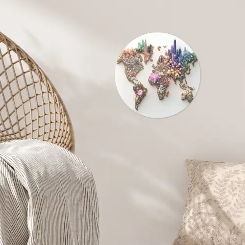 Wereldkaart - Kristallen - Unieke tinten Wandcirkel behangsticker klein -sfeer4