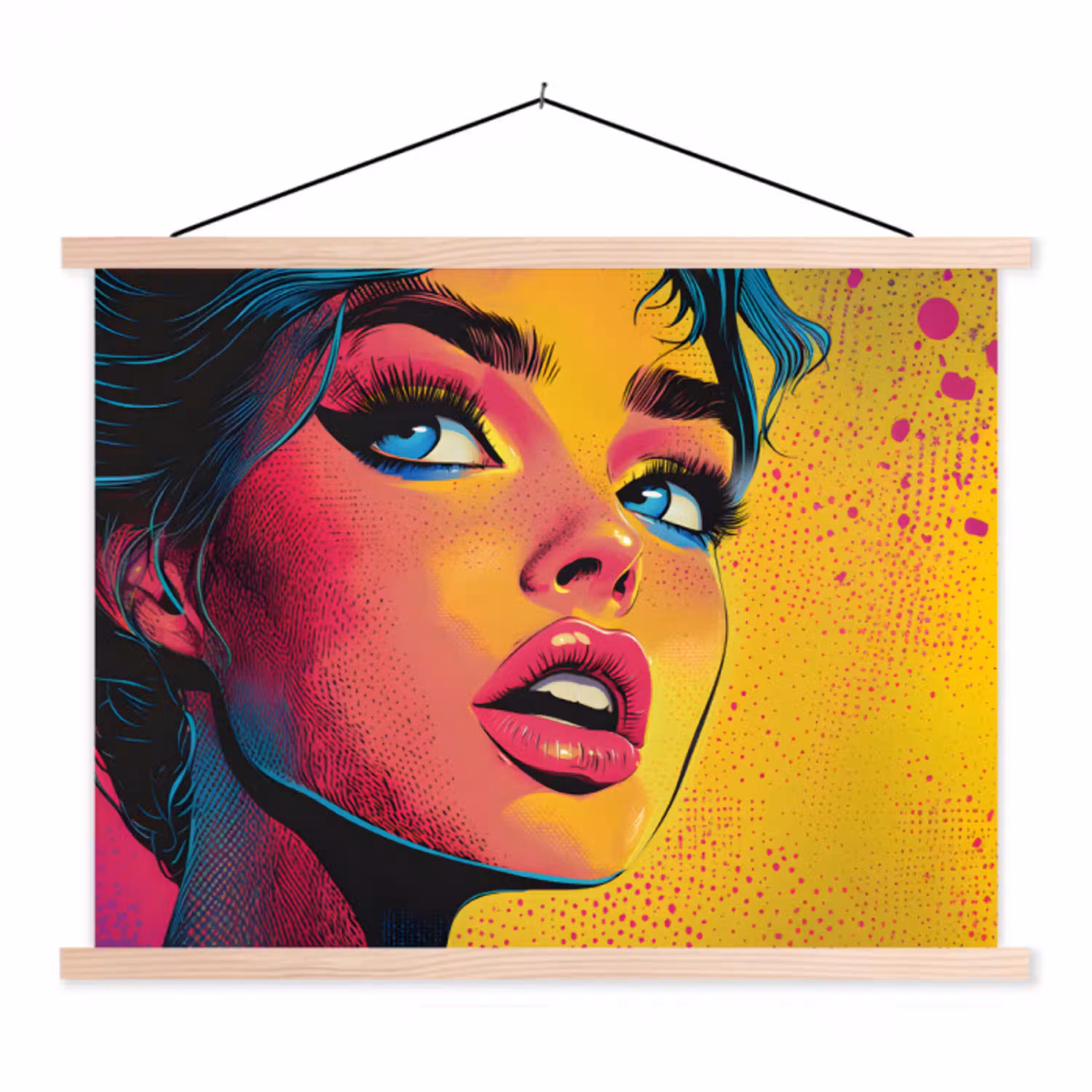 Close-up - Vrouwengezicht - Stippen - Geel textielposter latten blank klein -3d