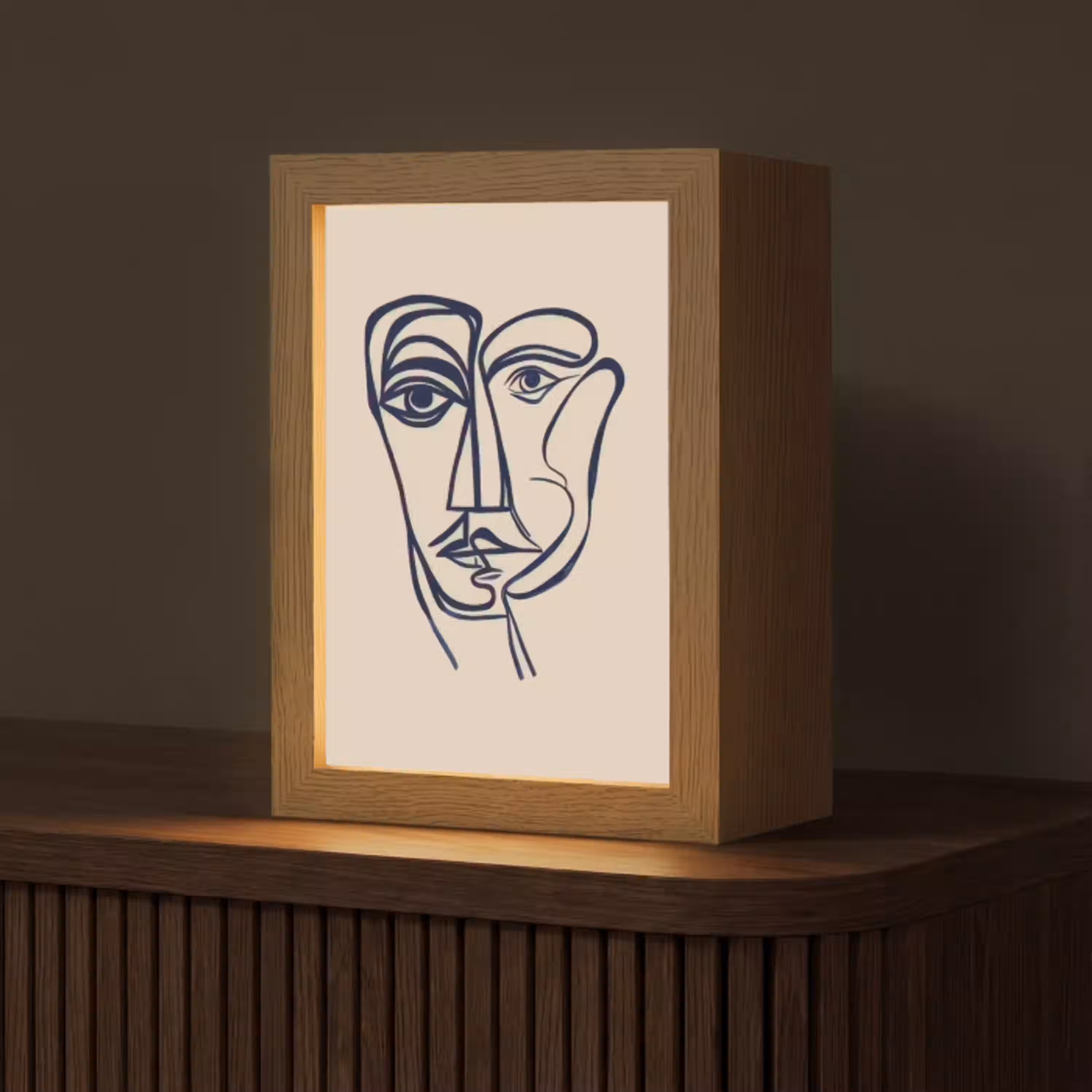 Minimalistisch - Lijnillustratie - Beige - Donkerblauw Light Box met kabel (Tafellamp) klein -z3d_website