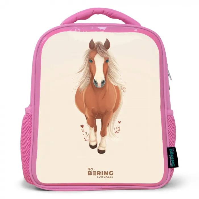 Bruin paard in gallop Kinderrugzak - Roze middel -3d