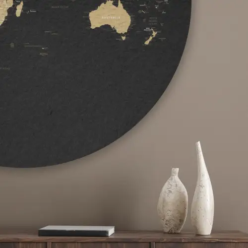 Wereldkaart - Beige - Zwart Akoestische PET Vilt - Rond klein -sfeer5_closeup