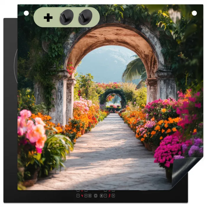 Doorkijk - Bloemen - Tropisch - Kleurrijk Inductie beschemer met haakjes middel -3d
