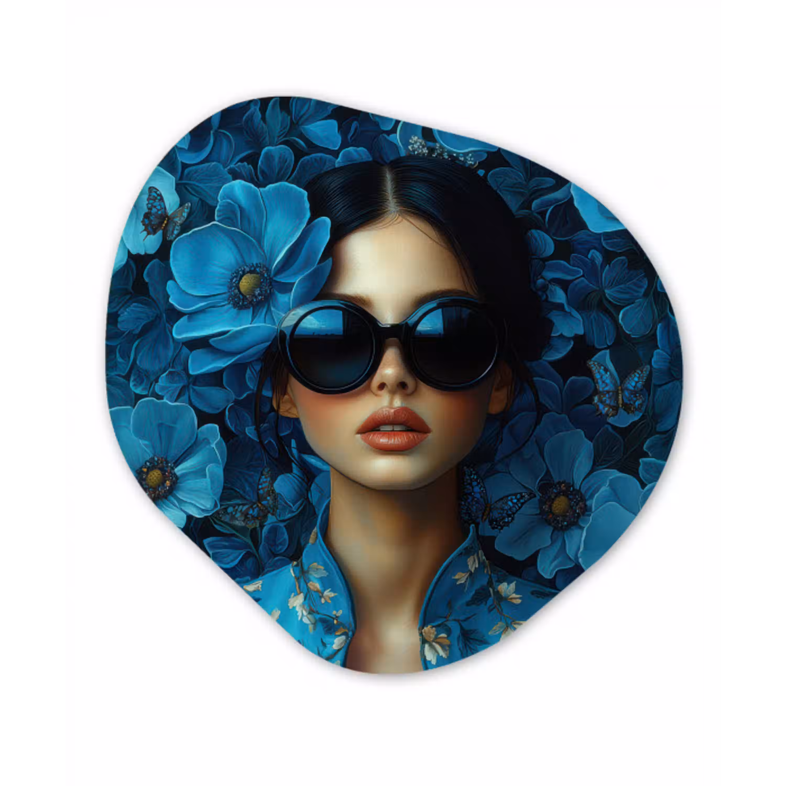 Vrouw - Bloemen - Blauw - Aesthetic - Luxe Wandcirkel Organisch Forex 3mm klein -3d