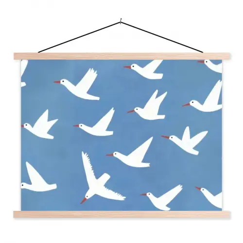 Vogels - Wit - Patroon textielposter latten blank klein -3d