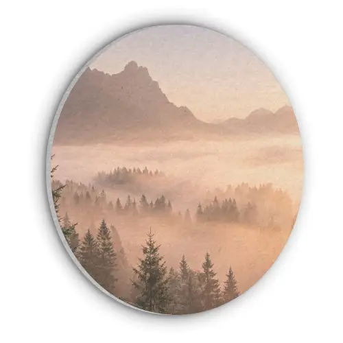 Zonlicht - Mist - Bergen - Bomen Akoestische PET Vilt - Rond klein -3d