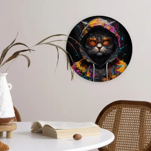 Kat - Jas - Graffiti - Bril - Zwart Wandcirkel kunststof plaat 5mm dik klein -sfeer4