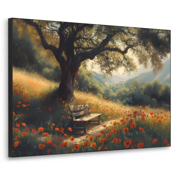 Bankje - Boom - Klaprozen - Heuvels Textielframe zwart klein -3d