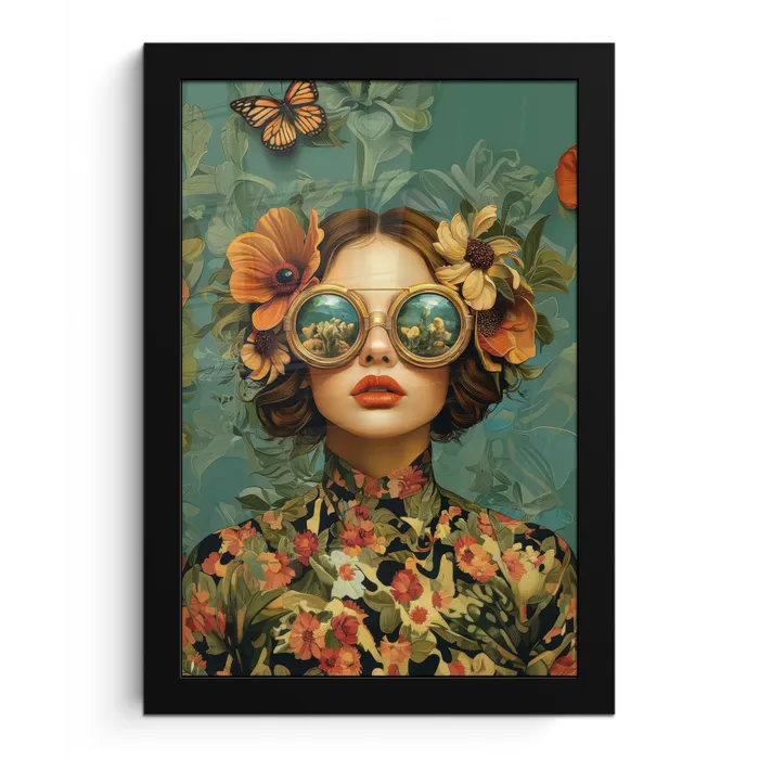 Vrouw - Bloemen - Vlinders - Natuur - Vintage fotolijst zwart zonder passe partout klein -3d