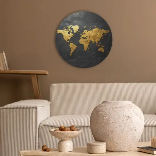 Wereldkaart - Goud - Steen Akoestische PET Vilt - Rond klein -sfeer1