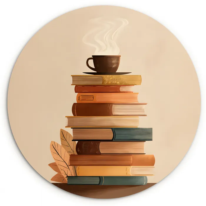 Boeken - Toren - Koffie - Beige Wandcirkel kunststof plaat 5mm dik klein -3d