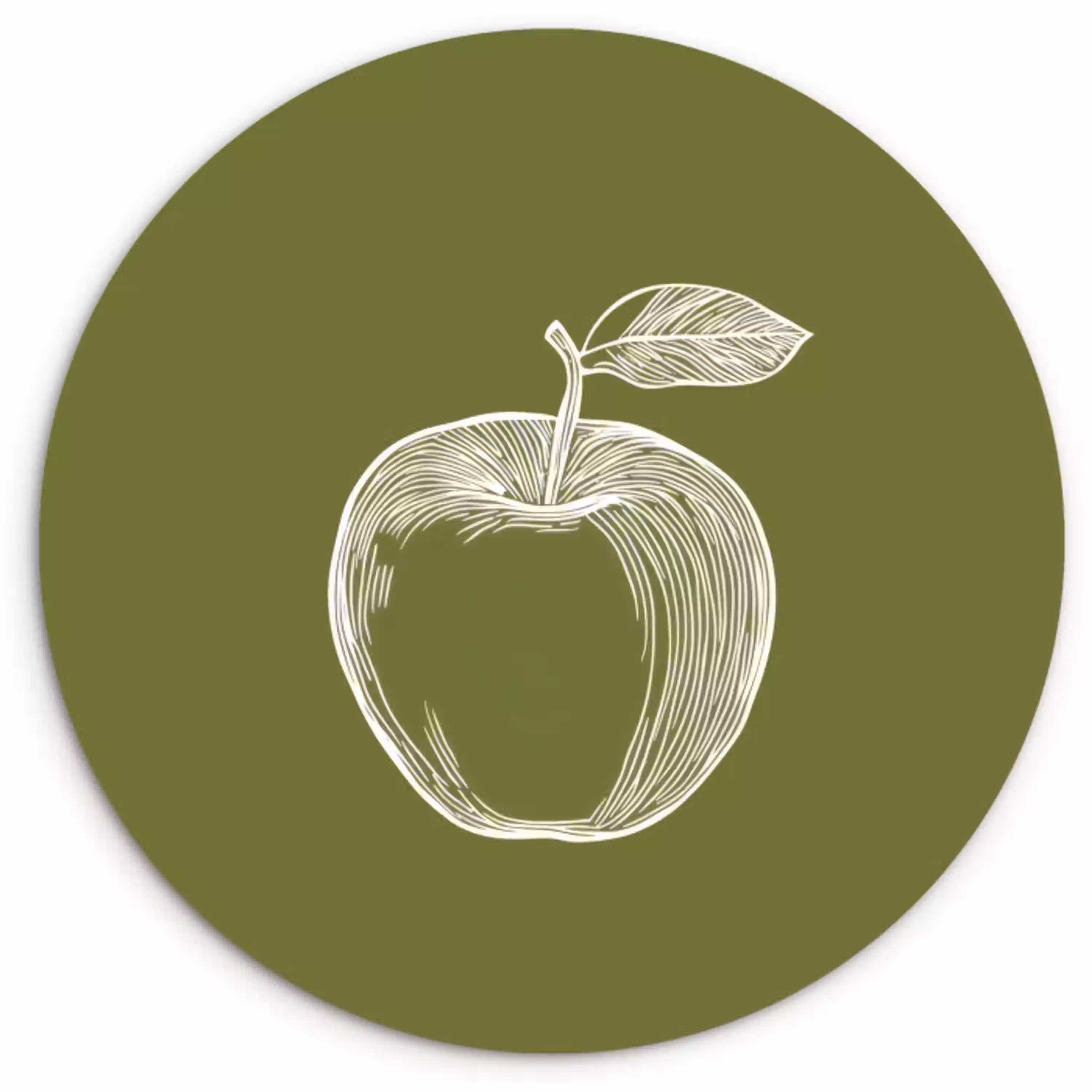 Lijntekening - Appel - Olijfgroen - Blaadje Wandcirkel kunststof plaat 5mm dik klein -3d