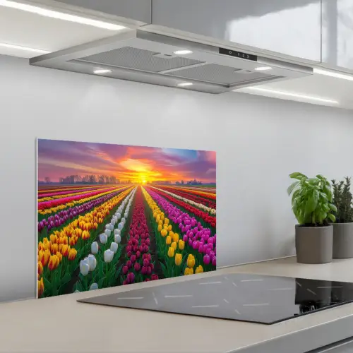 Tulpenveld - Zonsondergang - Kleurrijk keuken achterwand spatscherm klein -3d_schuin