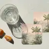 Tropisch landschap - palmbomen - Bloemen - Roze lucht onderzetter kurk middel -sfeer4
