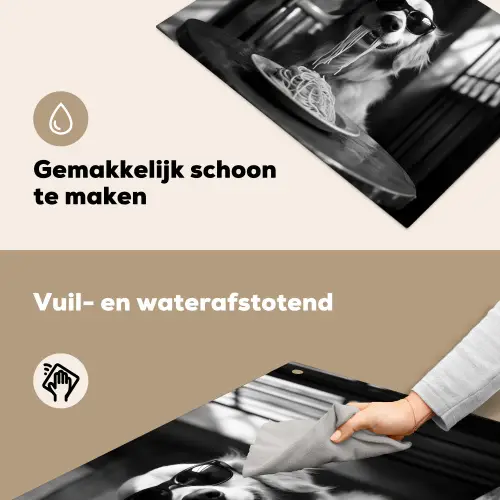 Golden Retriever - Hond - Vrolijk -  Bord spaghetti - Zwart - wit Inductie beschemer met haakjes klein -ky-schoon-nl