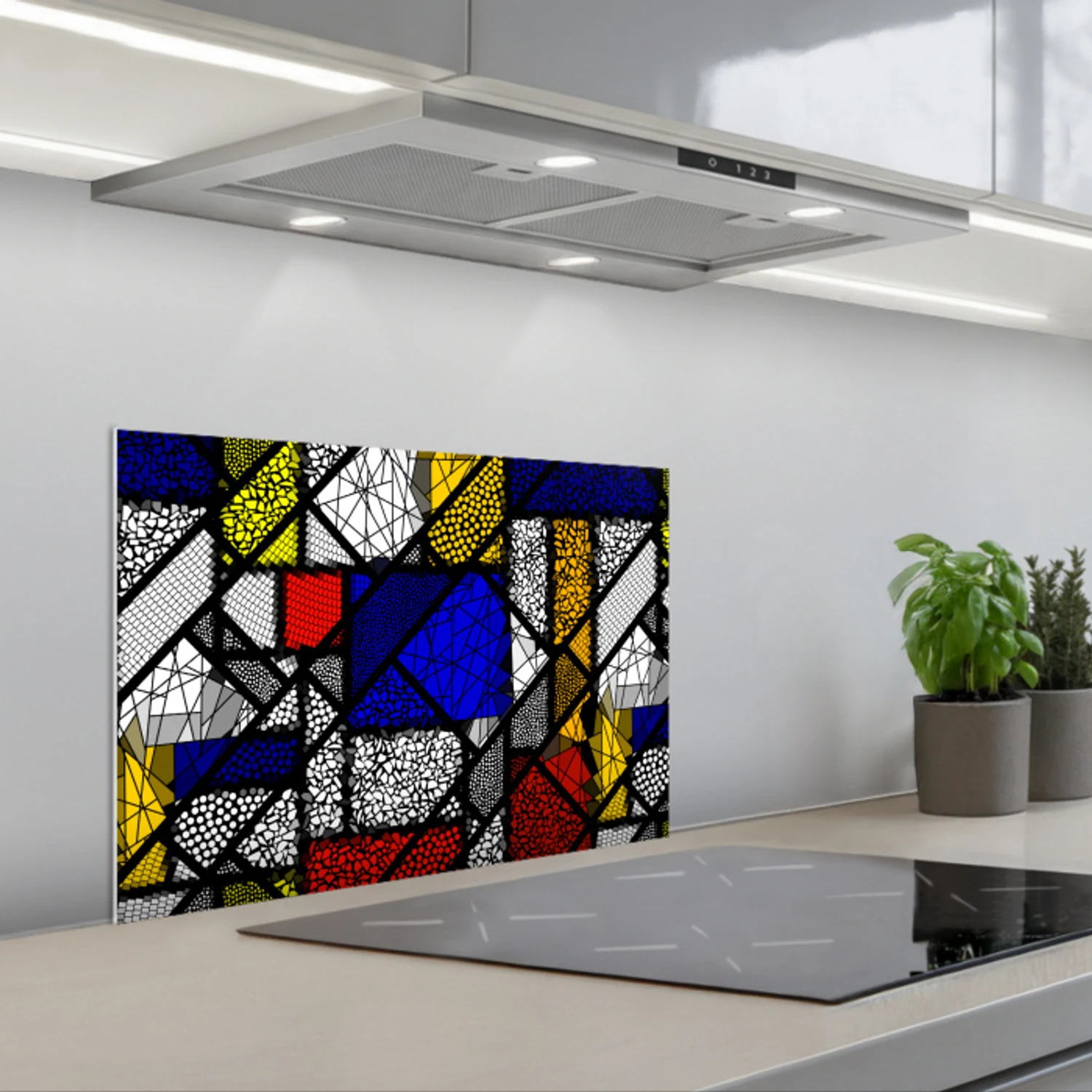 Mondriaan - Glas in lood - Oude Meesters - Kunstwerk - Abstract - Schilderij keuken achterwand spatscherm klein -3d_schuin