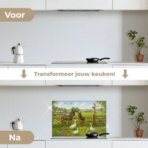 Ezels - Ganzen - Kleurrijk keuken achterwand spatscherm klein -voor_na_NL