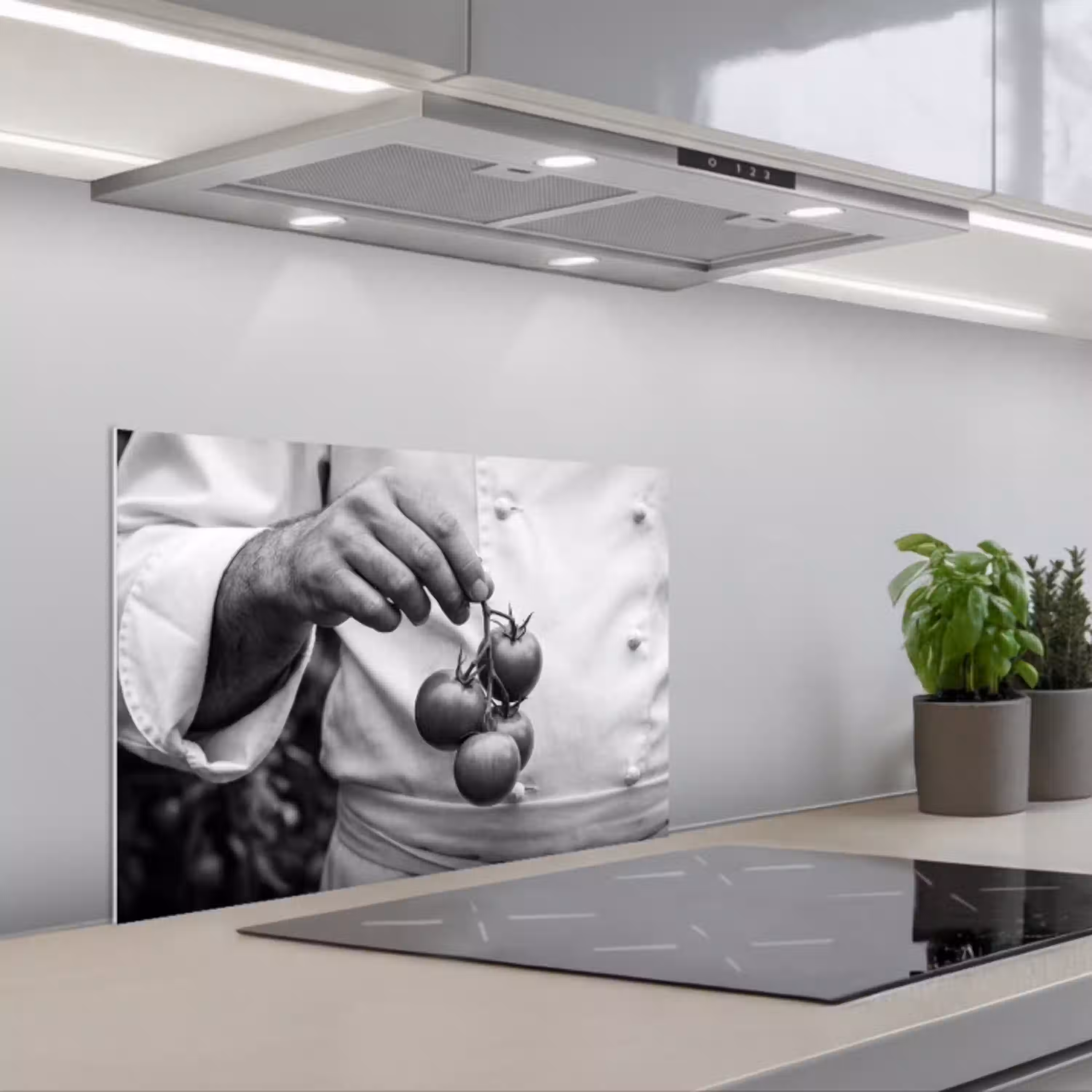 Tomaten - Chef - Zwart - Wit keuken achterwand spatscherm klein -3d_schuin
