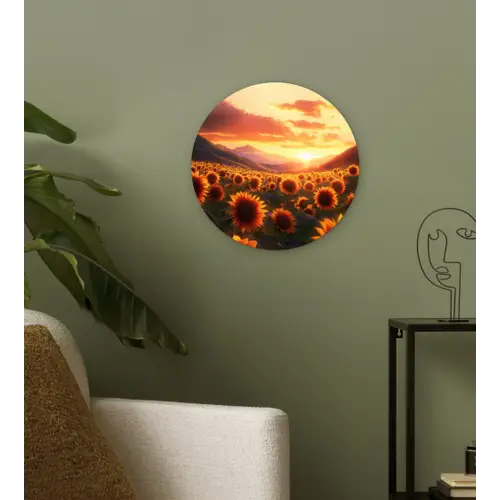 Zonnebloemen - Zonsondergang - Landschap Wandcirkel plexiglas klein -sfeer3