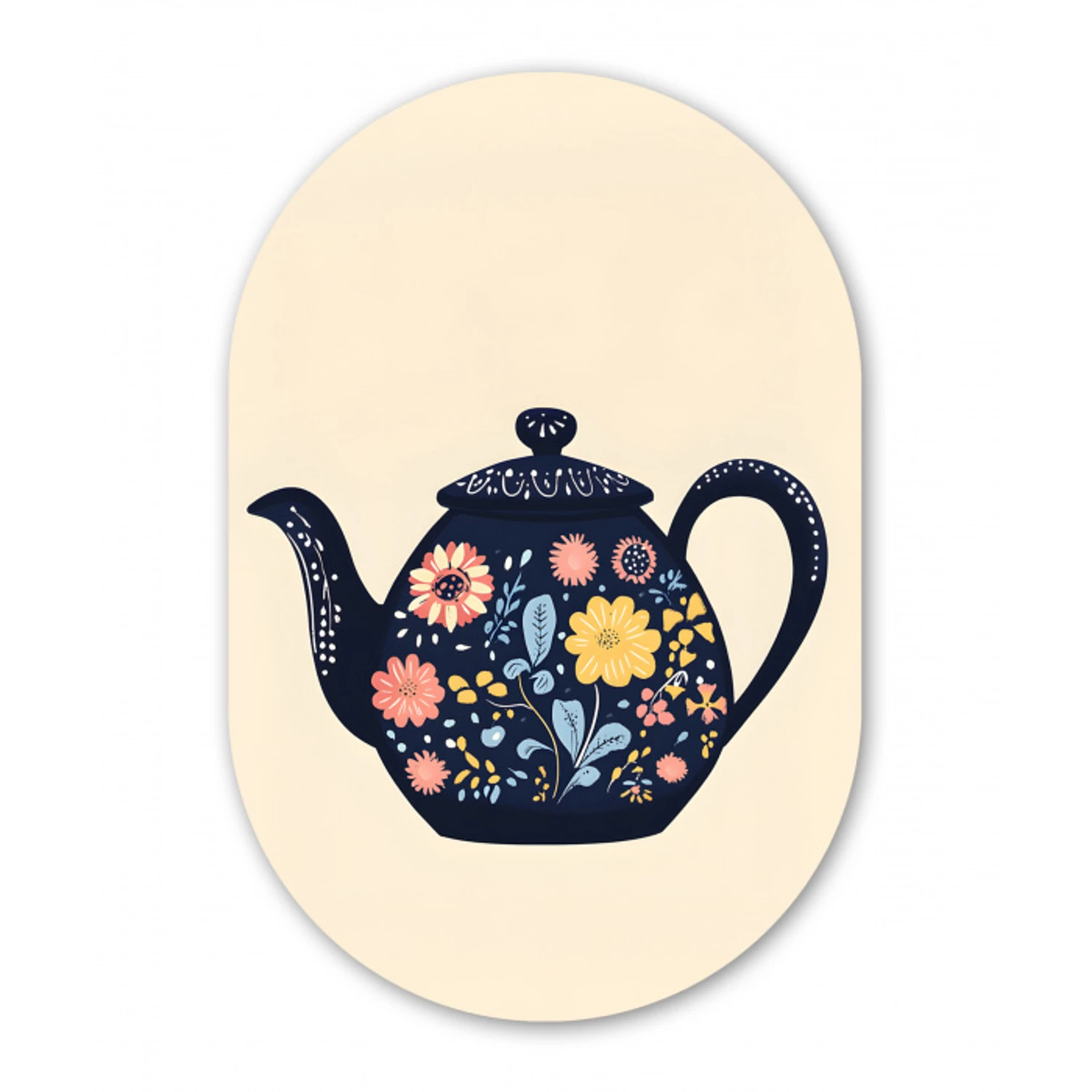 Theepot - Kleurrijk - Bloemen Wandcirkel Ovaal Glas middel -3d