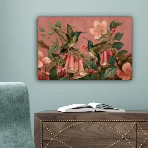 Kolibries - Bloemen - Groen - Roze canvas 2cm klein -sfeer4