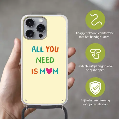 Hartje -  Moeder - Tekst - Kleurrijk Hoesje iPhone 16 Pro Max met koord klein -sfeer2_NL