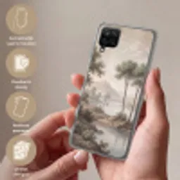 Bomen - Meer - Bergen - Illustratie Telefoonhoesje Samsung Galaxy A12 klein -sfeer3_NL