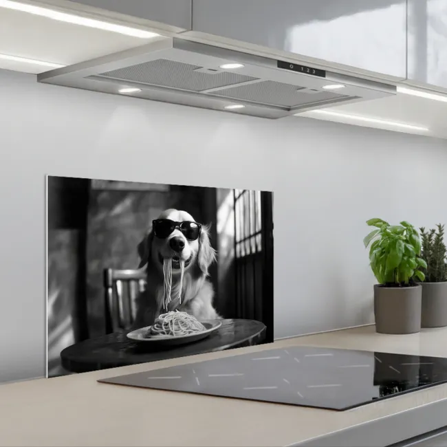 Golden Retriever - Hond - Vrolijk -  Bord spaghetti - Zwart - wit keuken achterwand spatscherm klein -3d_schuin