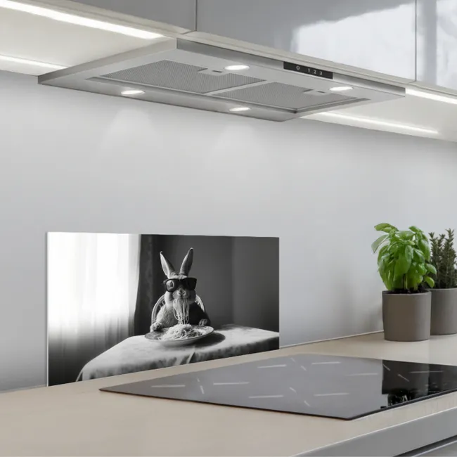 Konijn - Bunny - Zonnebril - Tafelkleed - Pasta - Schattig keuken achterwand spatscherm klein -3d_schuin