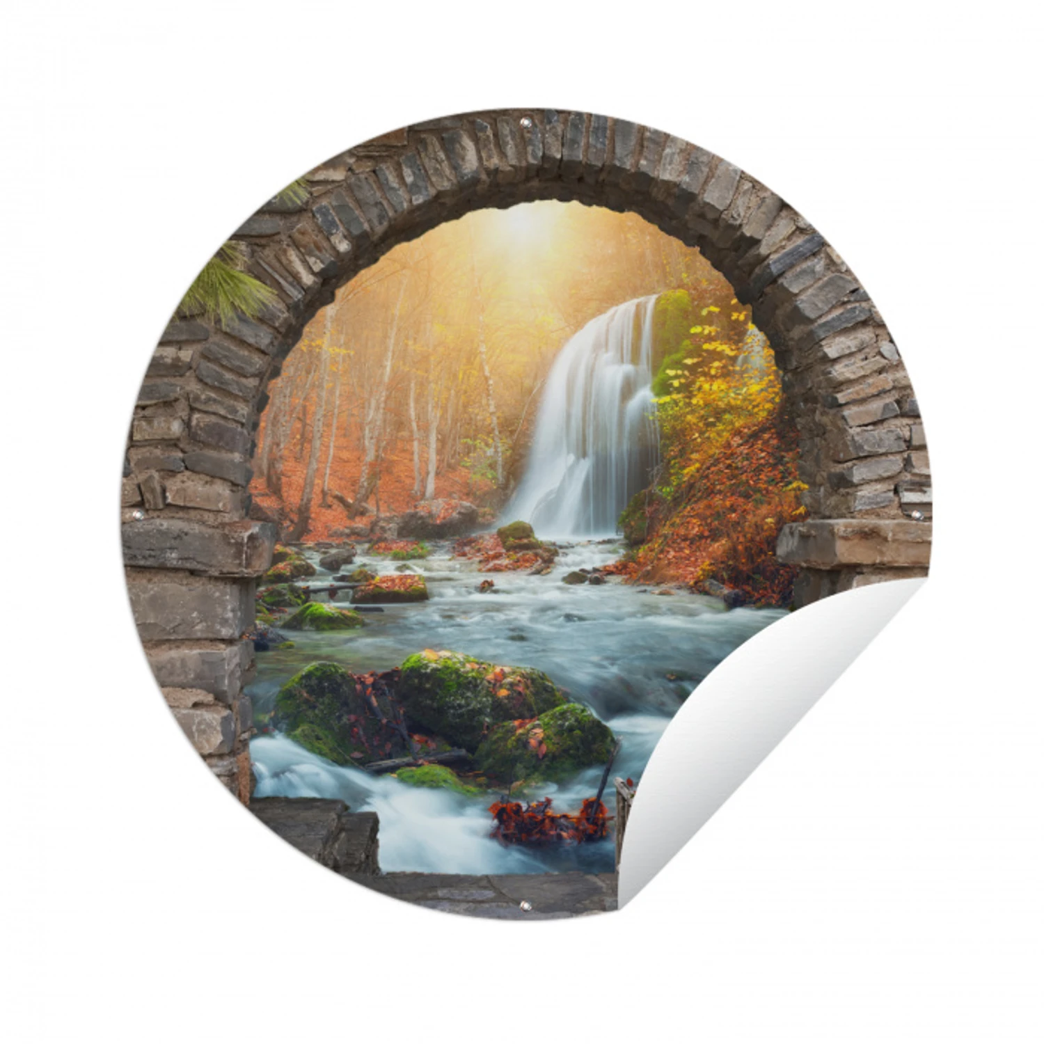 Doorkijk - Waterval - Herfst - Landschap Wandcirkel tuinposter met ringen klein -3d