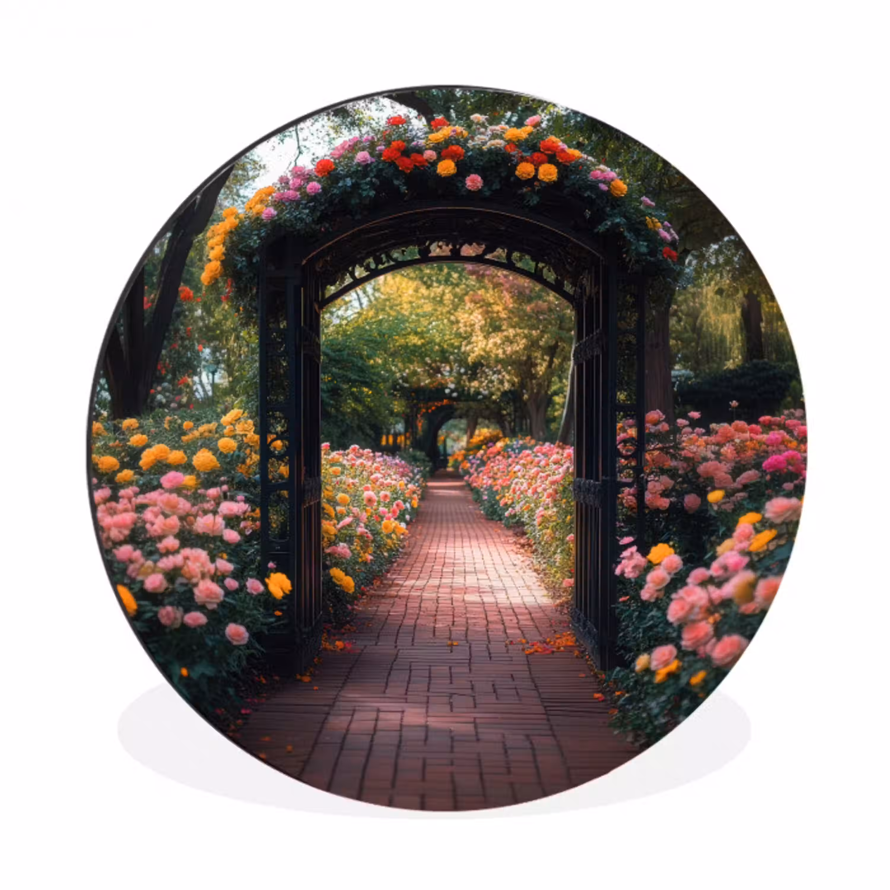 Doorkijk - Bloemen - Pad - Natuur - Kleurrijk Wandcirkel aluminium klein -3d