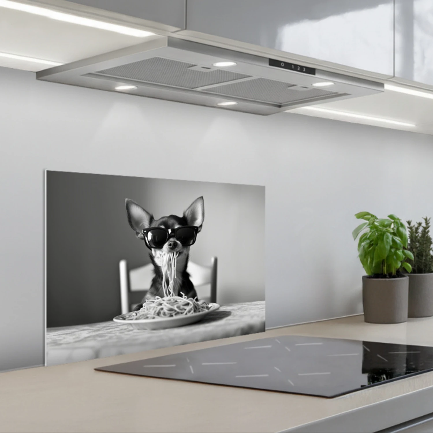 Chihuahua - Hond - Zonnebril - Humoristisch - Zwart - Wit - Spaghetti keuken achterwand spatscherm klein -3d_schuin