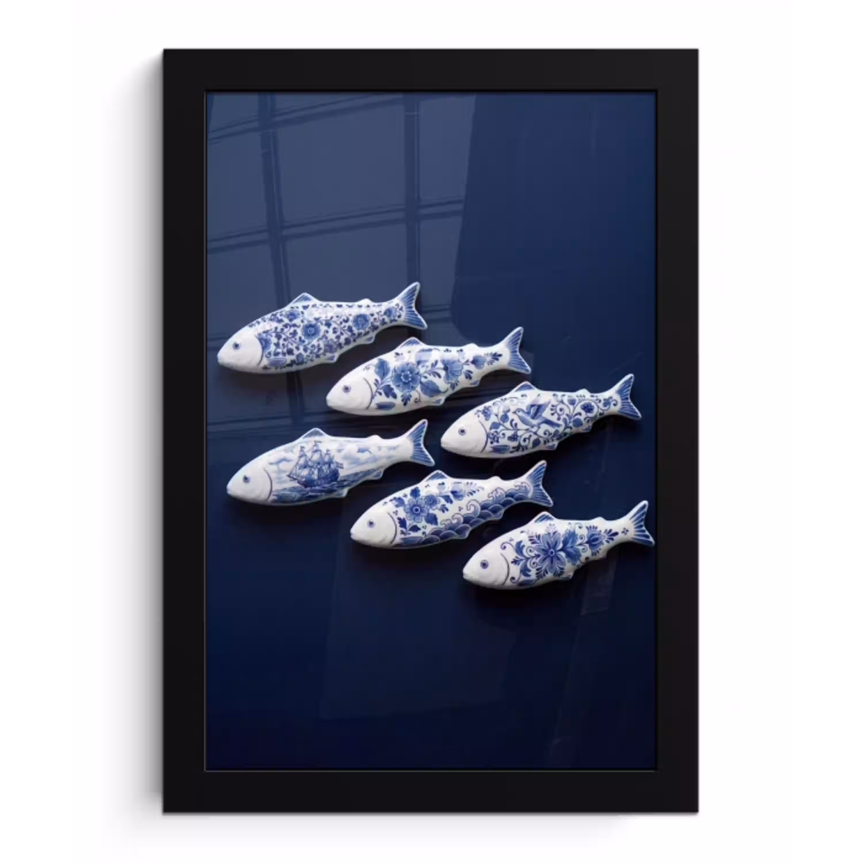 Vissen - Delfts - Blauw - Keramiek fotolijst zwart zonder passe partout klein -3d