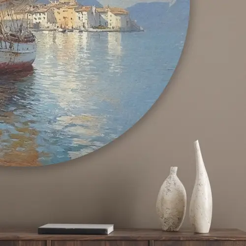 Zeilschip - Huizen - Kade - Zee Akoestische PET Vilt - Rond klein -sfeer5_closeup