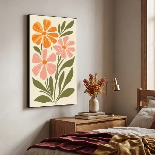 Minimalistisch - Bloemen - Bladeren - Roze Textielframe zwart klein -sfeer3